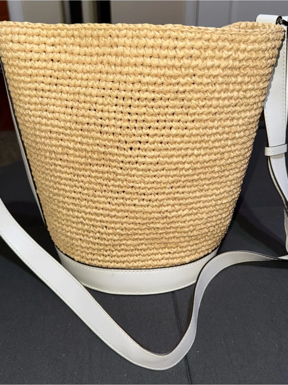 Michael Kors White & Tan Woven Crossbody Bucket Bag